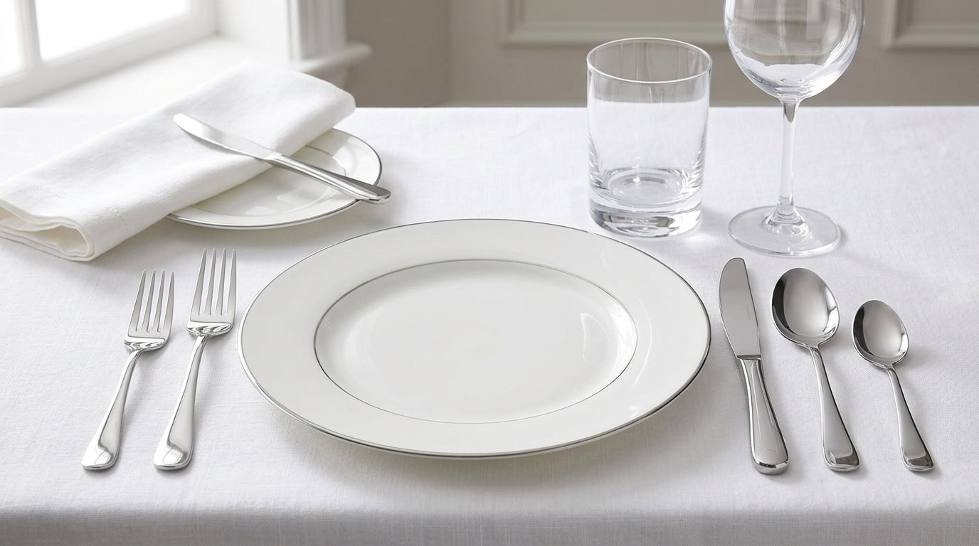 Formal dining table with white tablecloth, plate, glassware, and cutlery.