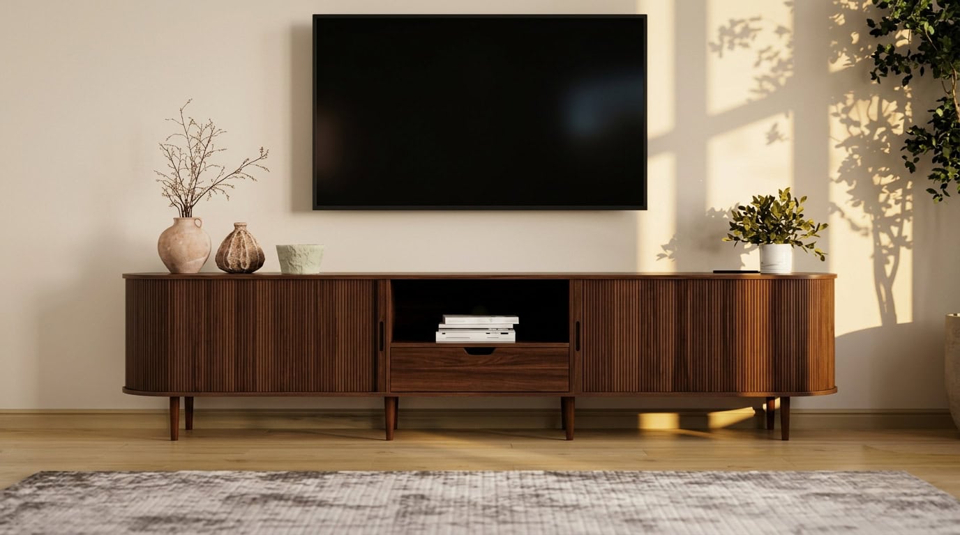 Living room with wall-mounted TV and stylish wooden console table.