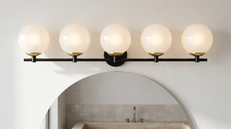Contemporary bathroom vanity light with five globe bulbs above mirror.