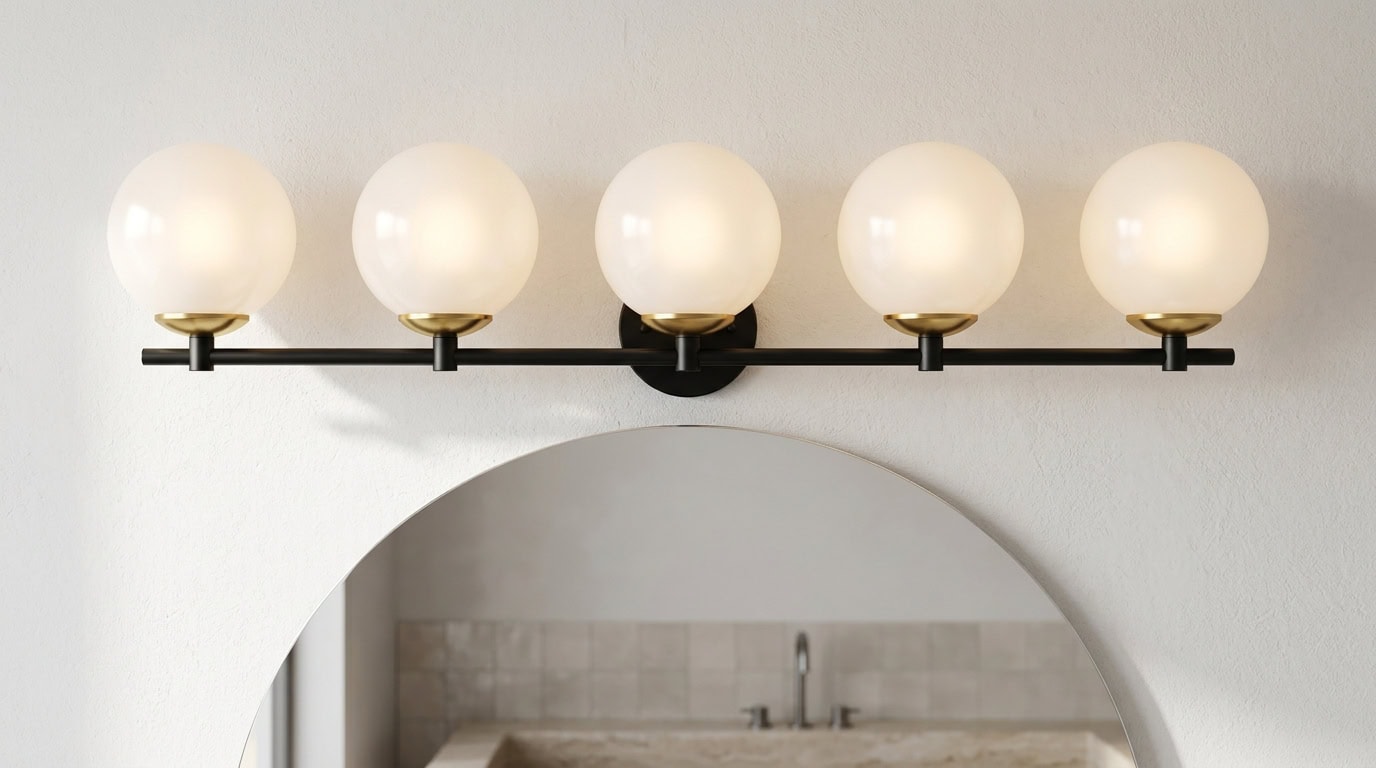 Contemporary bathroom vanity light with five globe bulbs above mirror.