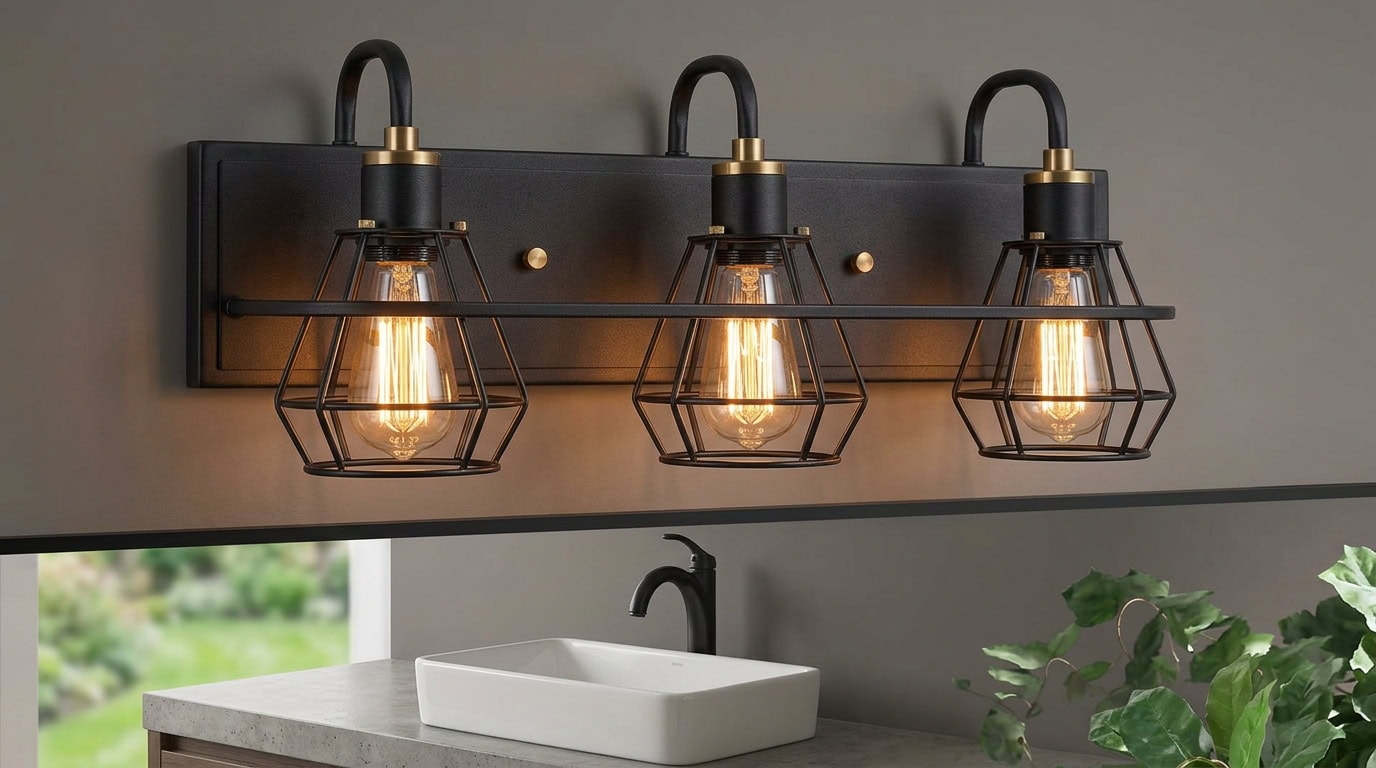 Three vintage-style industrial bathroom lights with exposed bulbs.