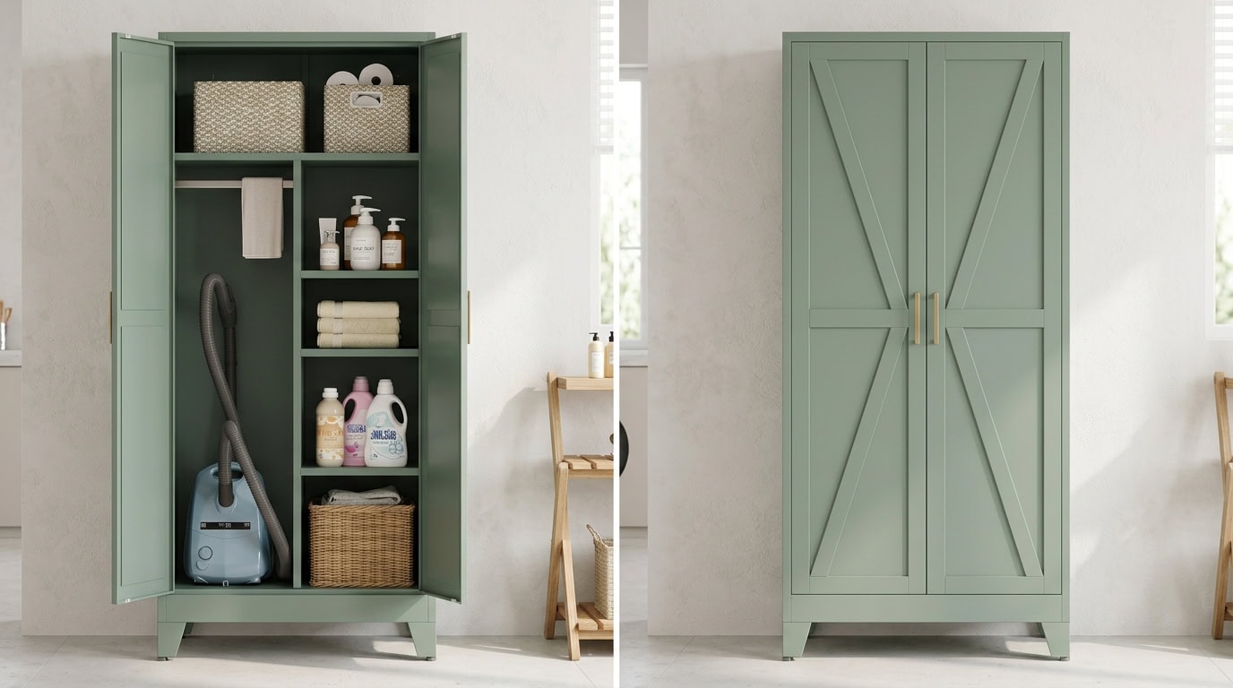 Green storage cabinet with shelves and closed doors for apartment organization.