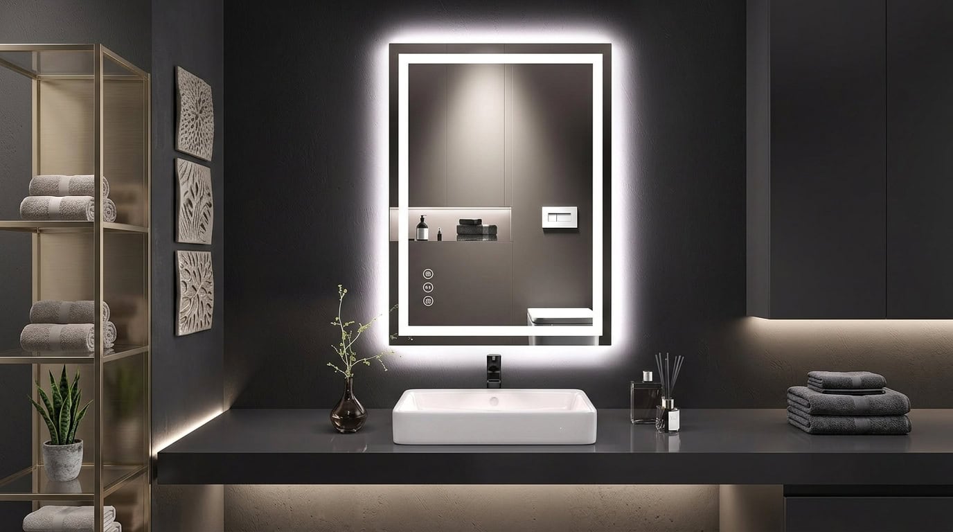 Contemporary bathroom with illuminated LED mirror, black cabinetry, and stylish decor.