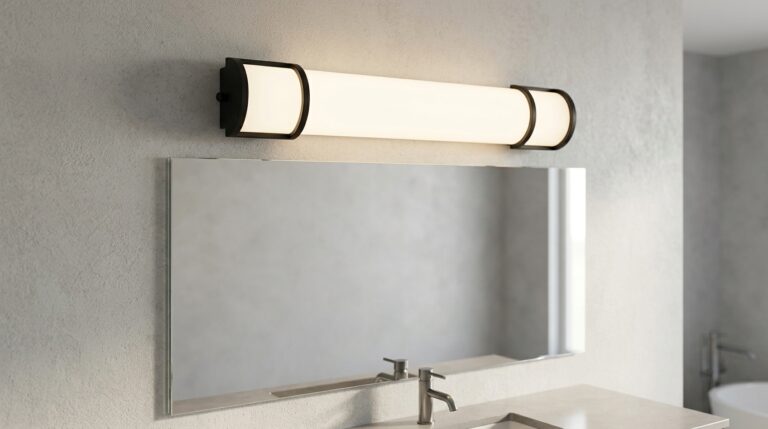 Contemporary bathroom with sleek mirror and modern light fixture.