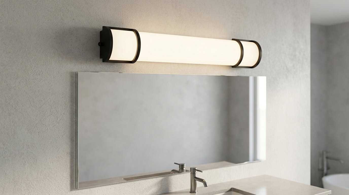 Contemporary bathroom with sleek mirror and modern light fixture.