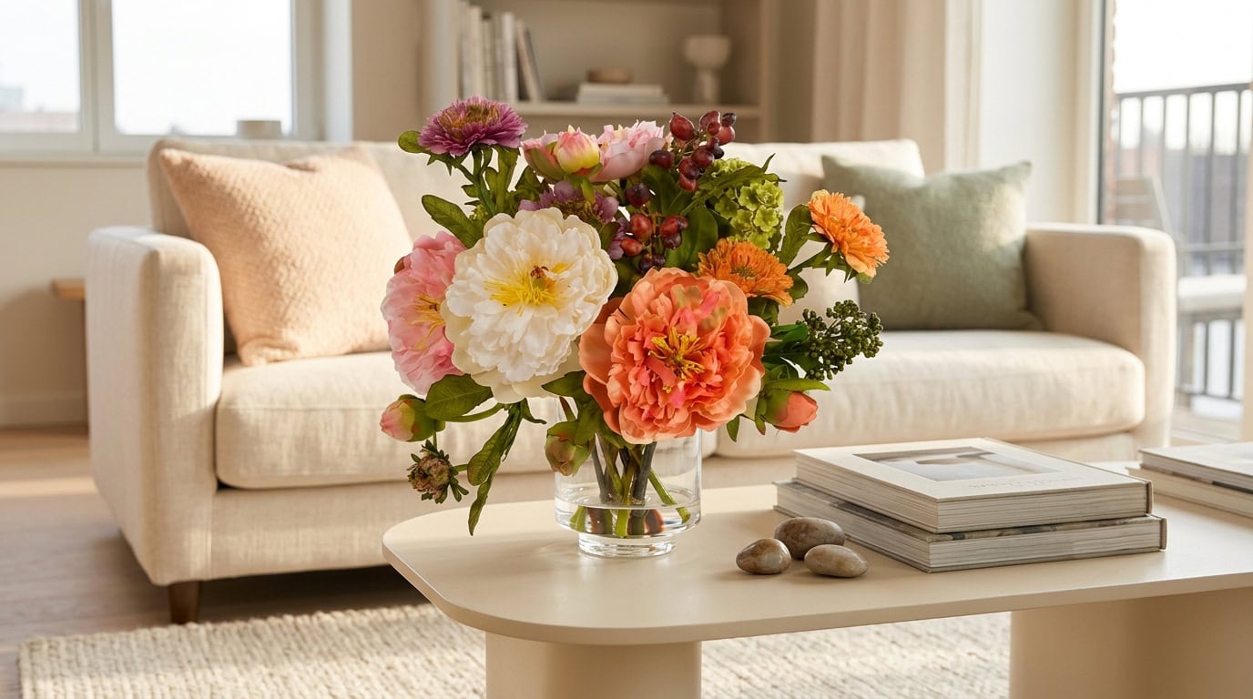 Beautiful living room with a floral bouquet on a coffee table and cozy sofa.