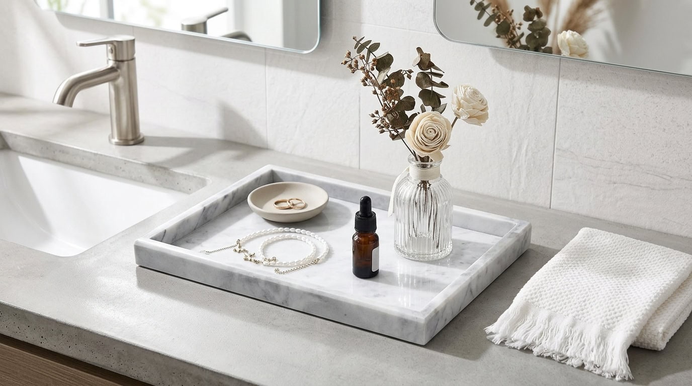 Elegant bathroom vanity with marble countertop, vase, jewelry, and towel.
