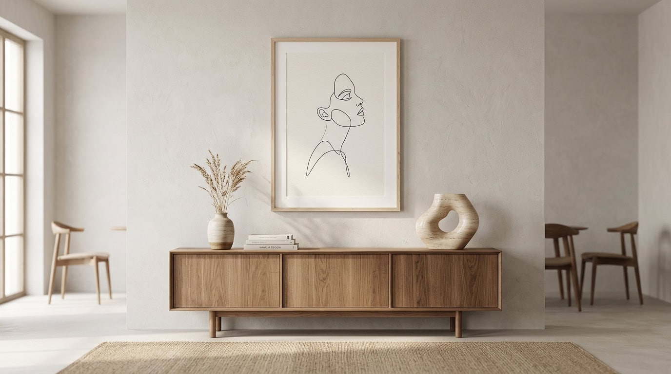 Elegant living room with wooden sideboard, abstract art, and neutral tones.