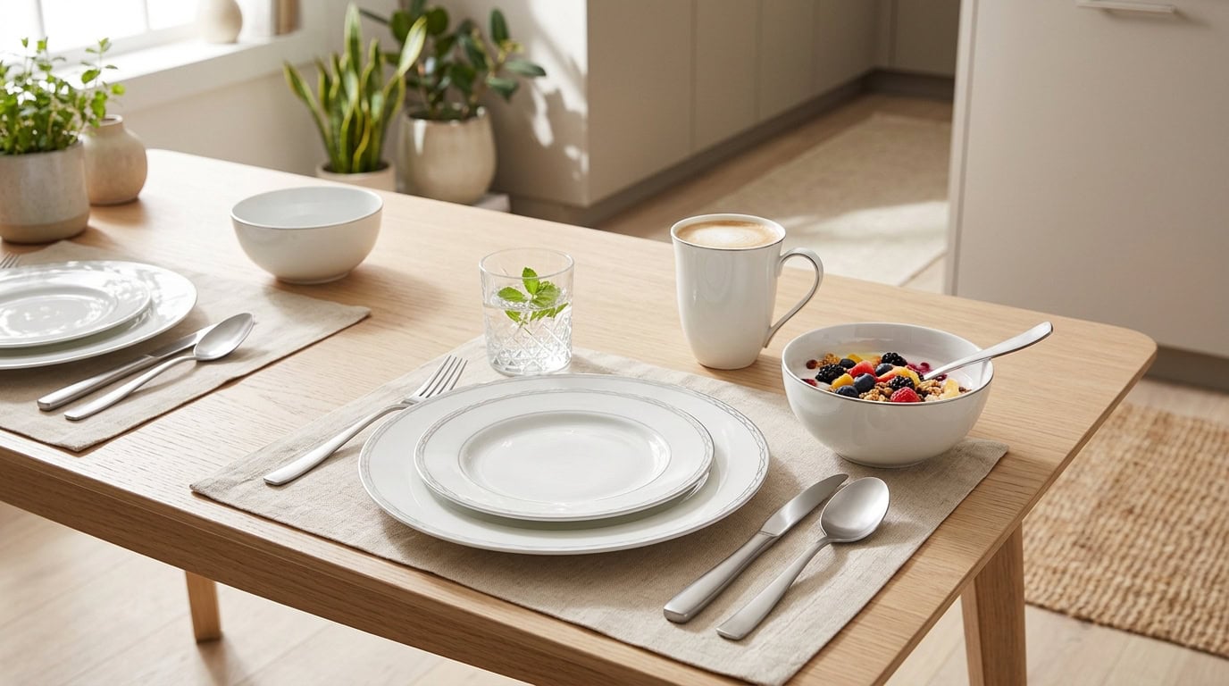 Bright dining table with plates, bowls, and beverages in a contemporary apartment.