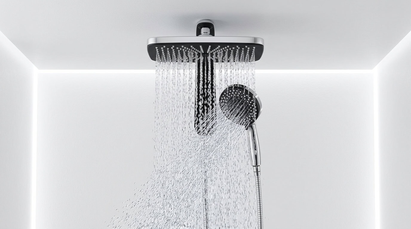 Contemporary showerhead with rainfall and handheld options in a sleek bathroom.