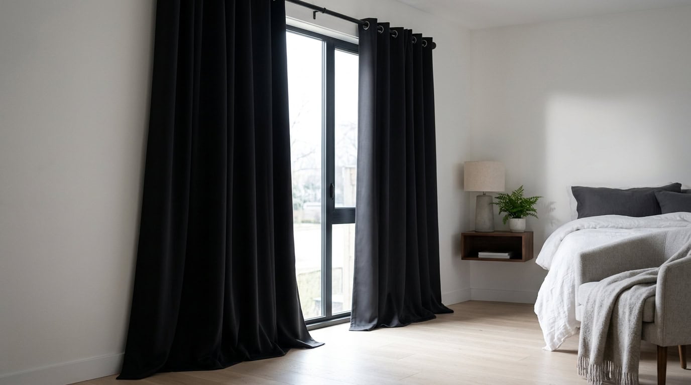 Bright bedroom with large window, black curtains, and cozy bed setup.