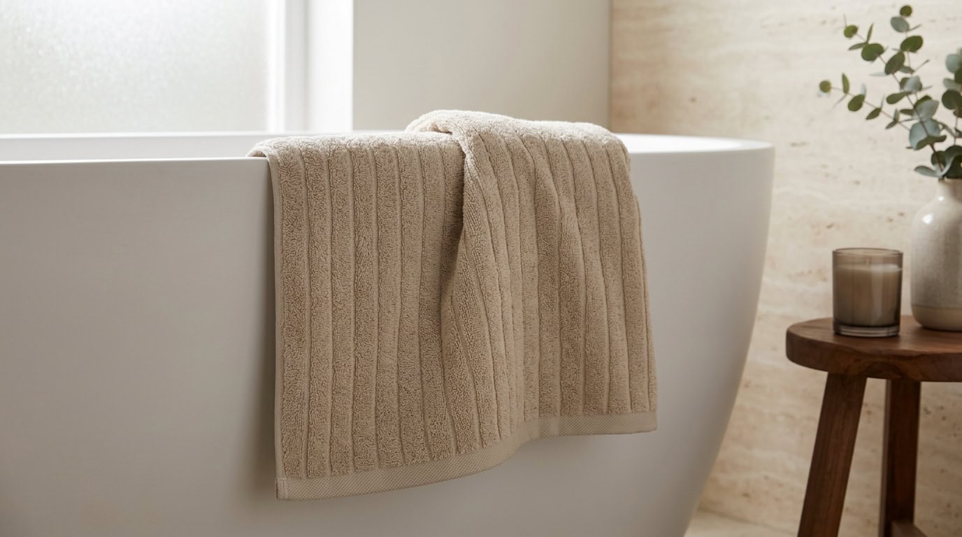 Elegant bathroom with a white bathtub, beige towel, and decorative plant.