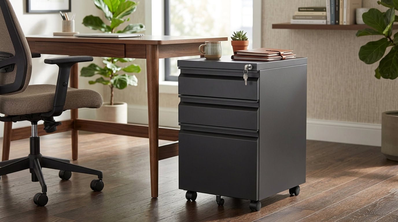 Black mobile storage cabinet with drawers in a home office setting.