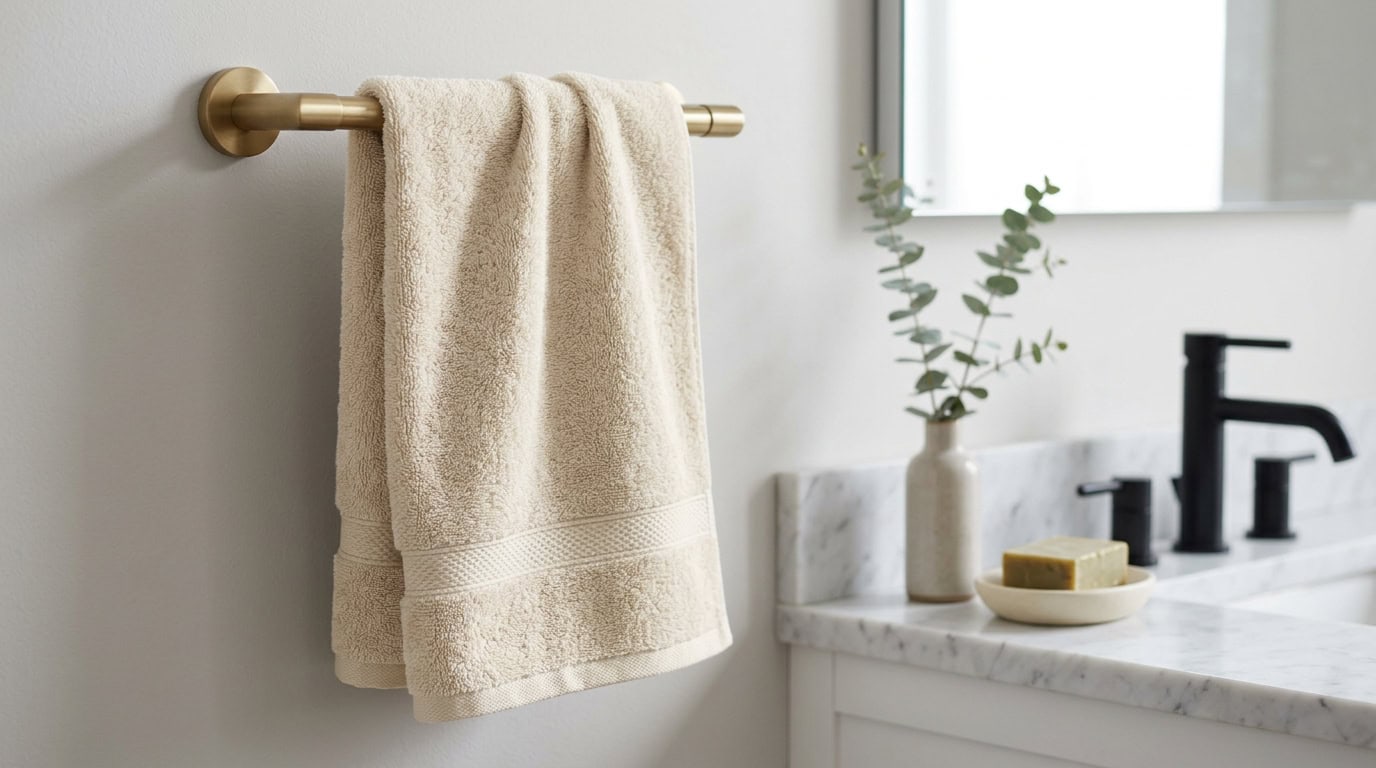Clean bathroom with beige towel, black faucet, and decorative plants.