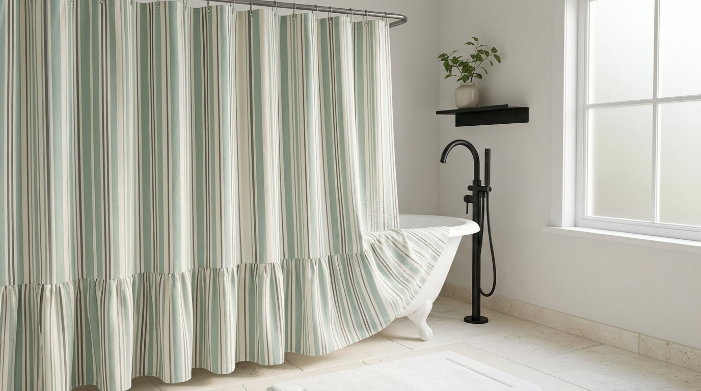 Bright bathroom with clawfoot tub, striped shower curtain, and large window.