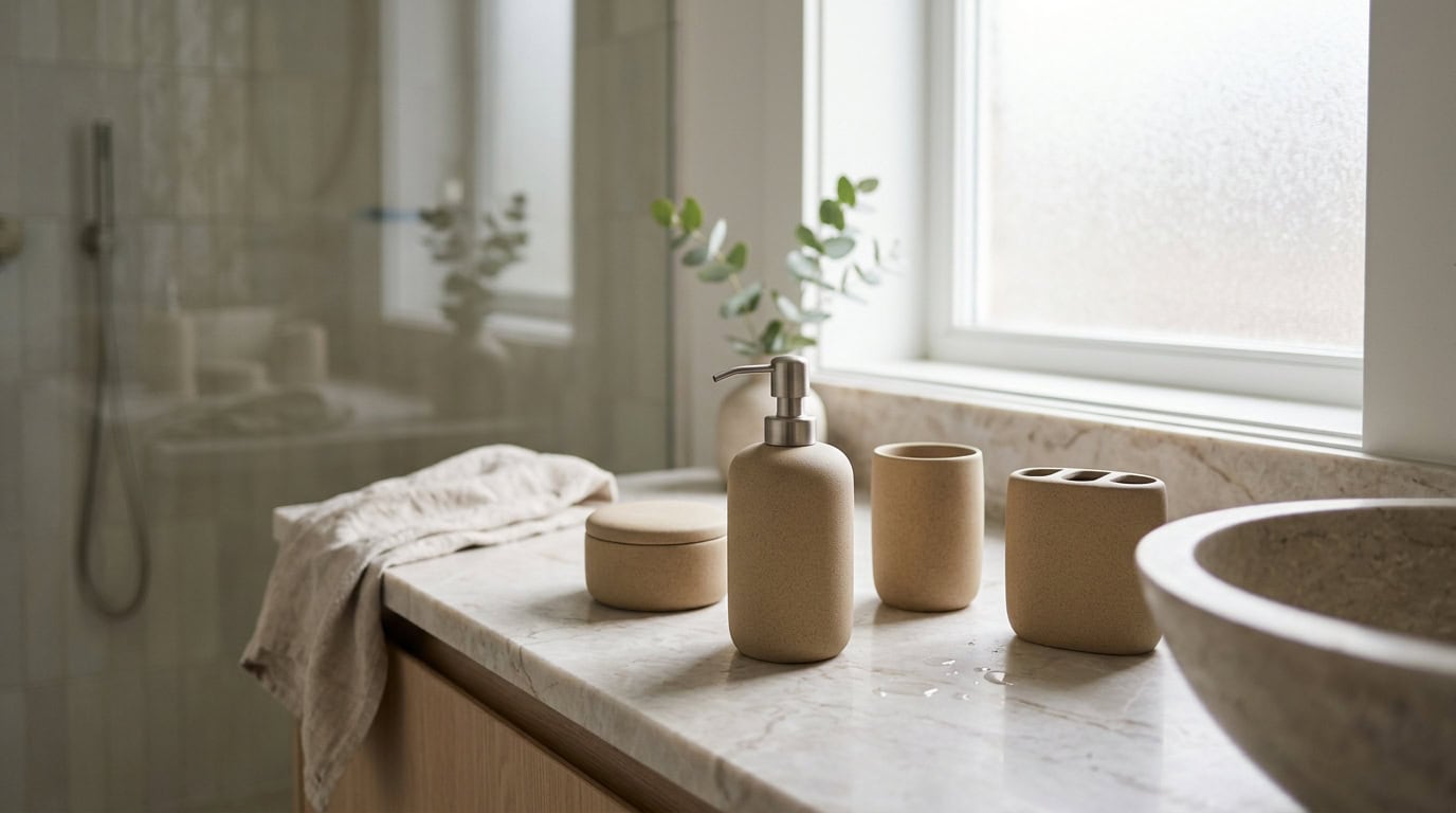 Bathroom vanity with beige decor items and a window with natural light.