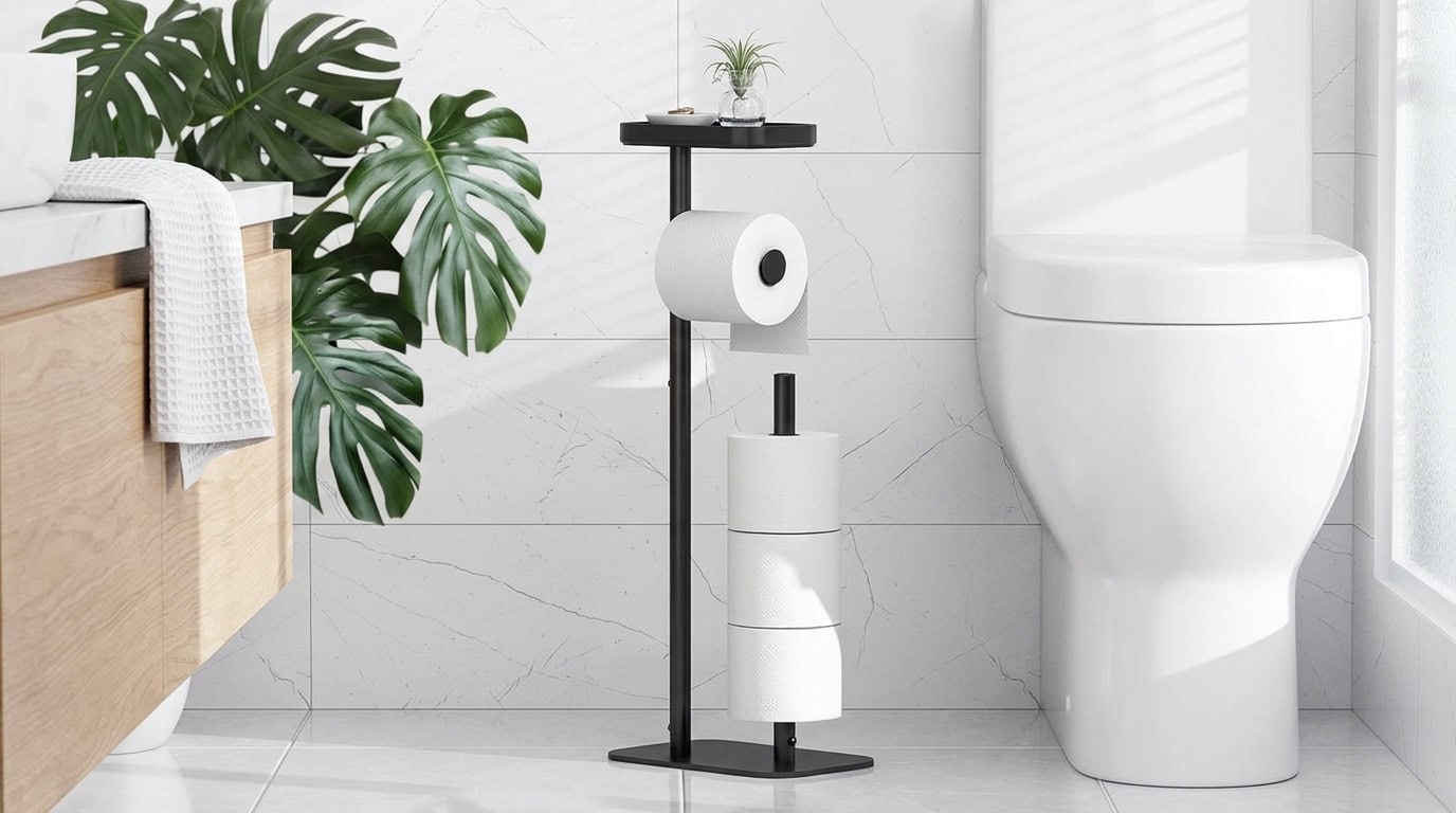 Contemporary bathroom featuring a sleek toilet, green plant, and minimalist decor.