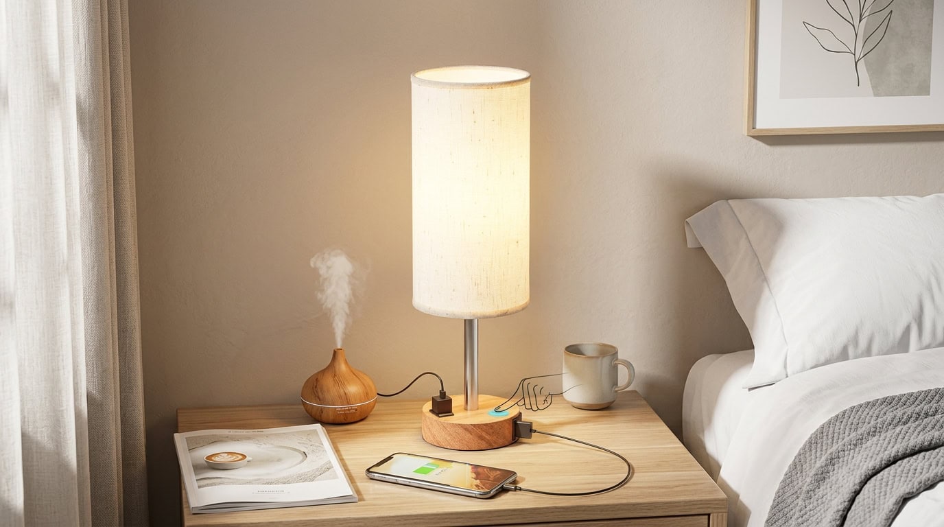 Bedroom nightstand with lamp, book, and diffuser for relaxing ambiance.