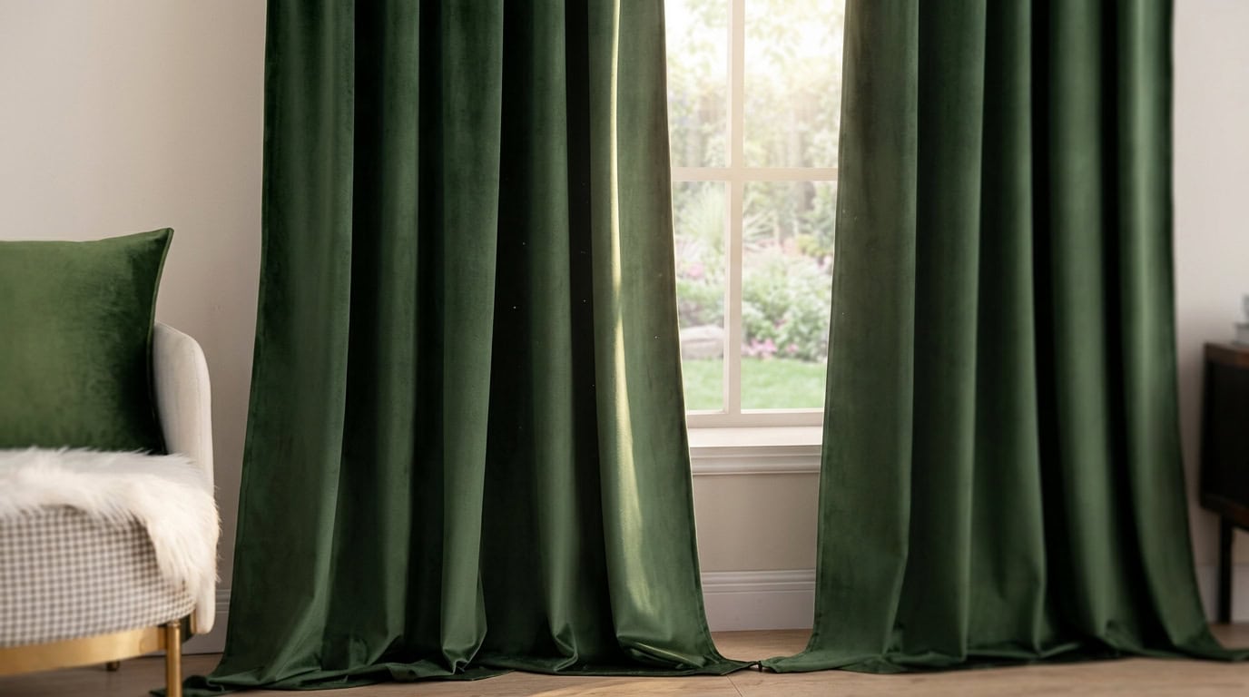 Luxurious green curtains hanging in a bright living room with a view outside.