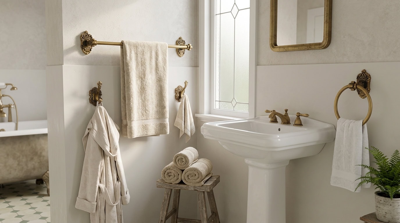 Bright bathroom with vintage sink, gold fixtures, and plush towels.
