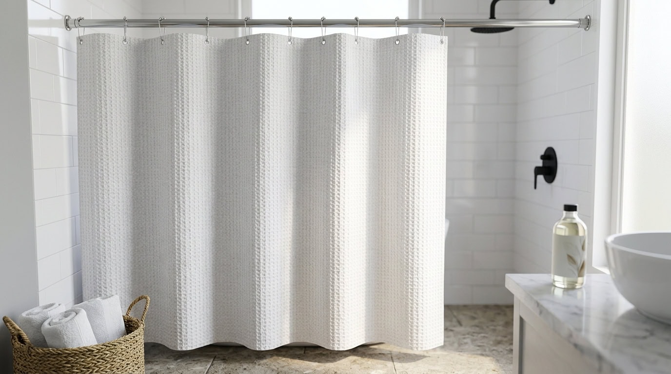 Clean bathroom with white shower curtain, sink, and natural light.