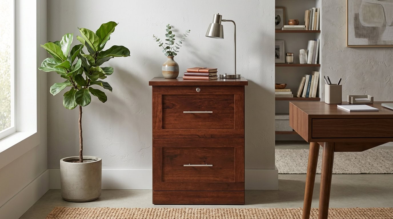 Stylish interior with wooden dresser, potted plant, and bookshelf in a cozy apartment.