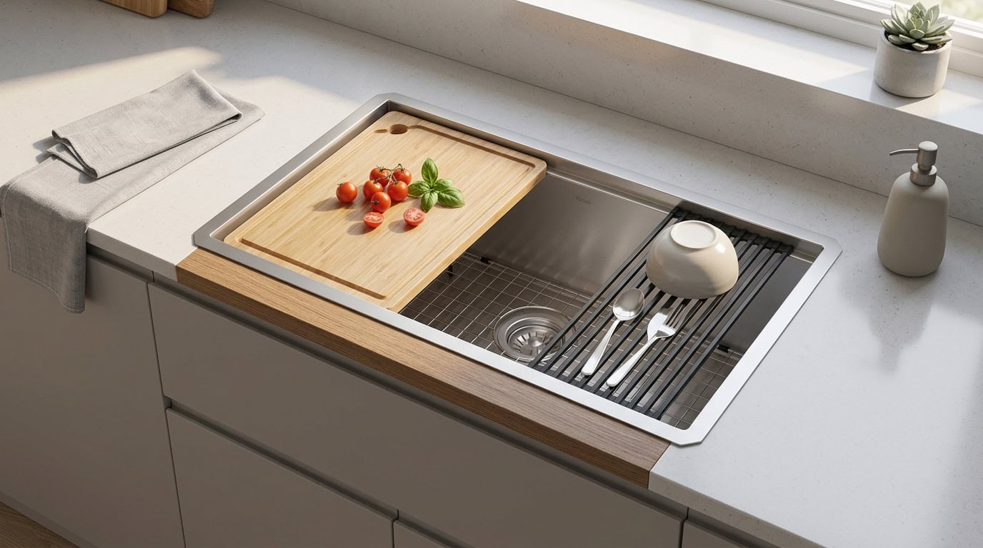 Kitchen sink with cutting board, cherry tomatoes, and utensils on a white countertop.