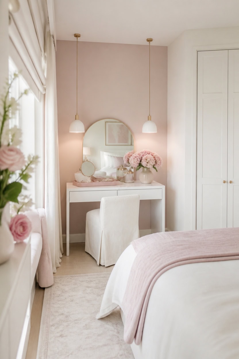 Bright bedroom with vanity, mirror, pink flowers, and soft lighting.