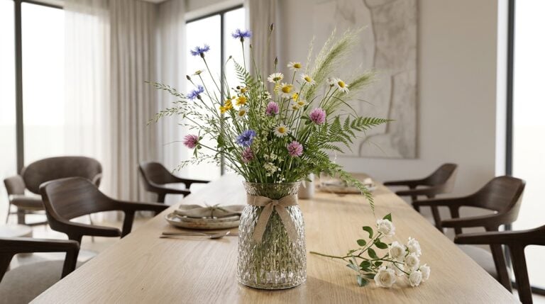 Modern dining room with a wooden table and a colorful flower arrangement.