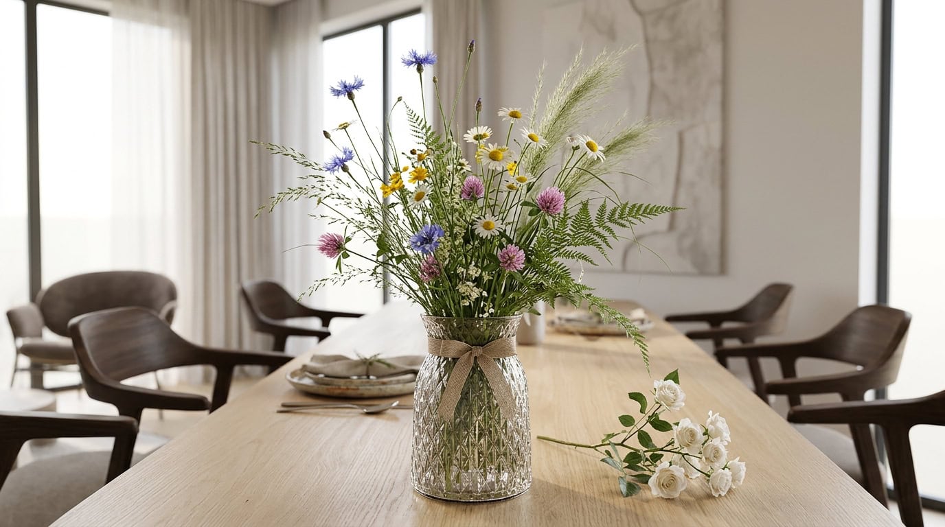 Modern dining room with a wooden table and a colorful flower arrangement.