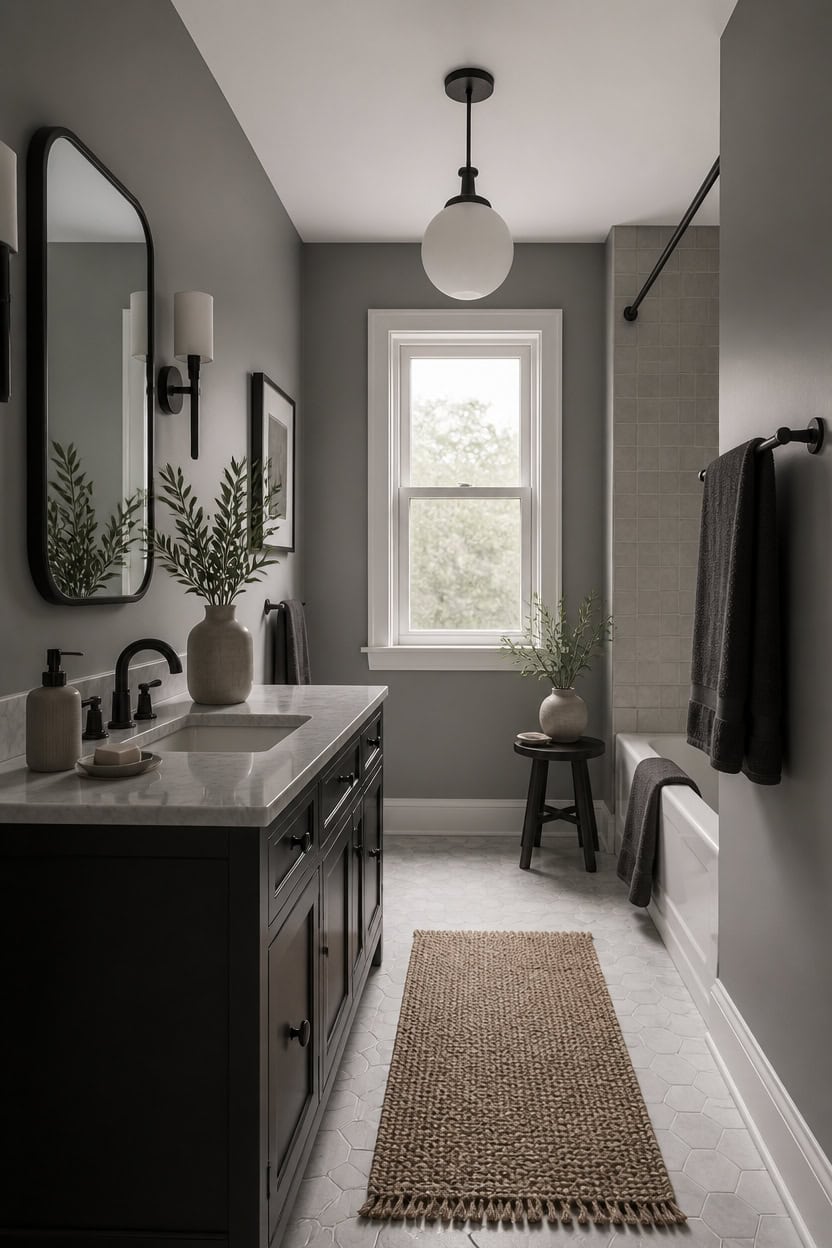 Contemporary bathroom with gray walls, black fixtures, and a large window for natural light.