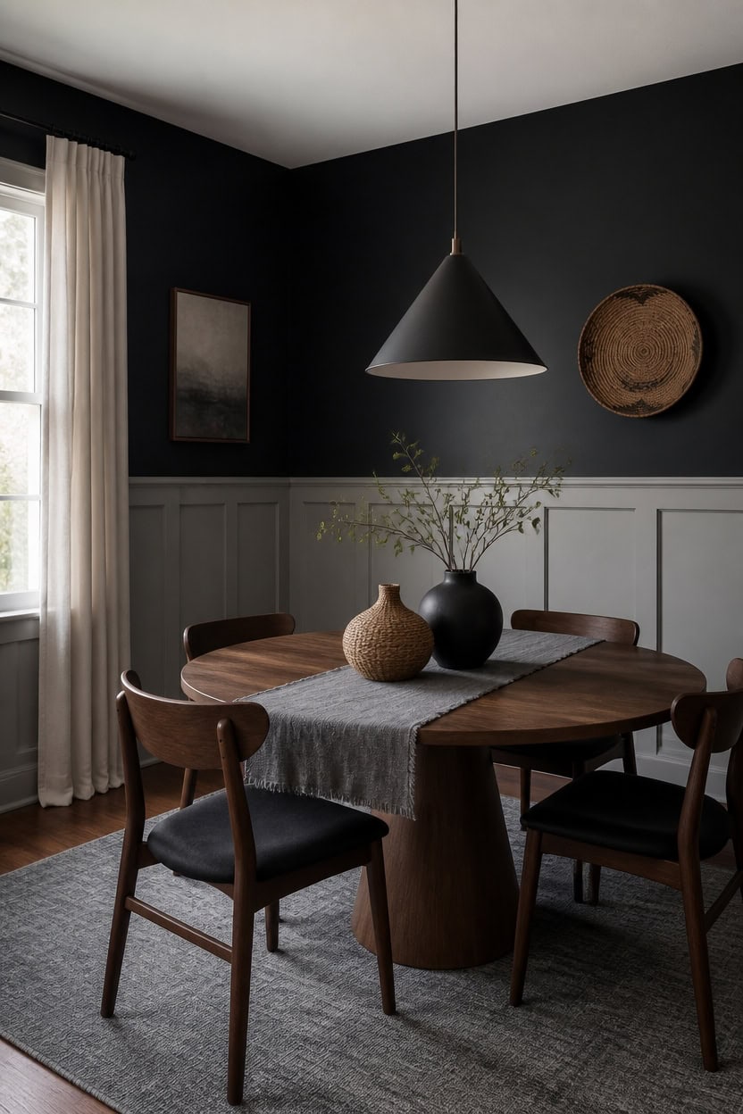 Elegant dining room with dark wall, wooden table, and minimalist decor.