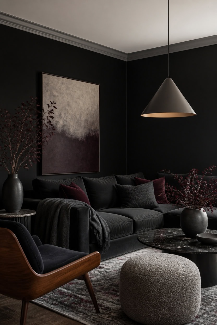 Stylish living room with black walls, velvet sofa, and contemporary decor.