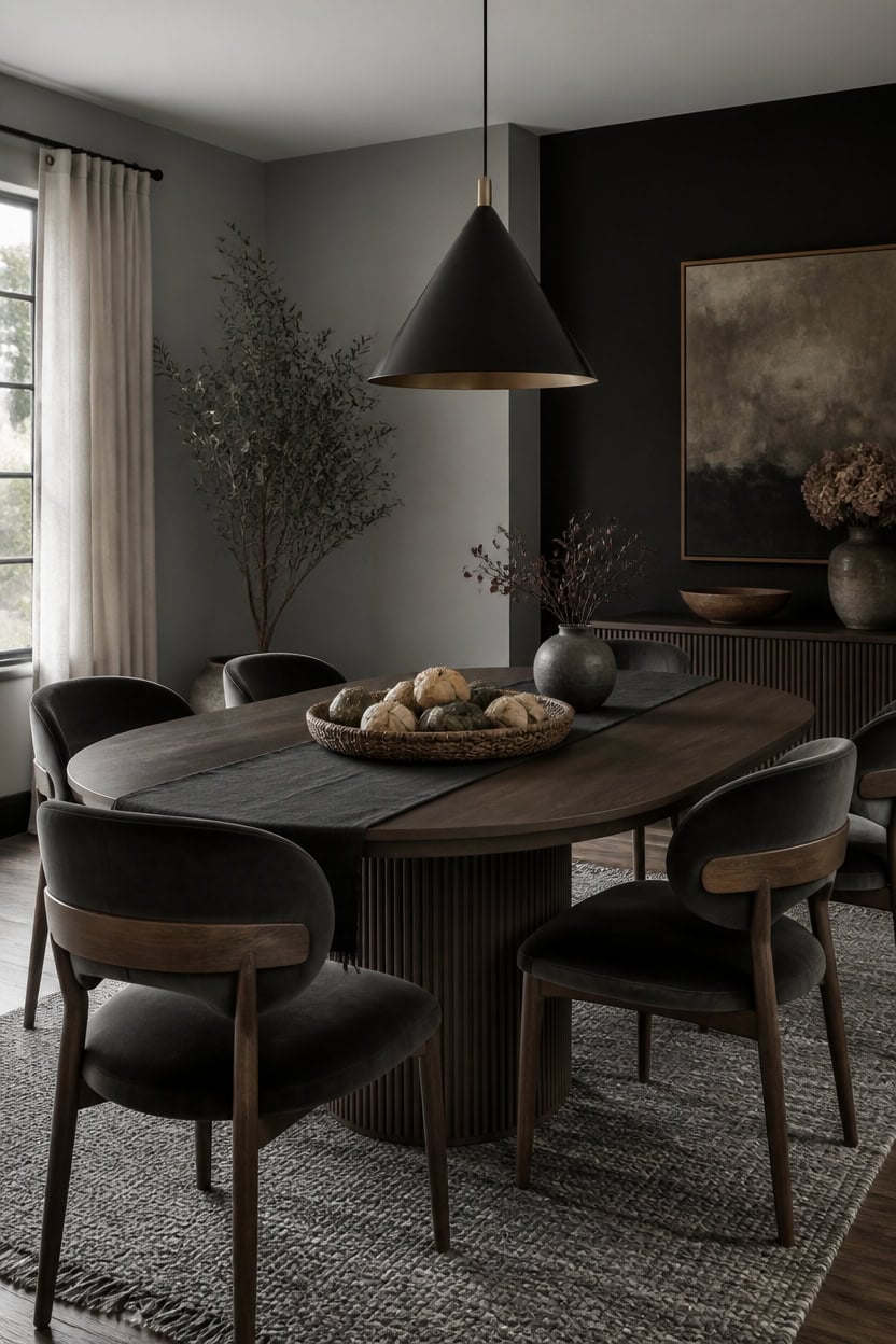 Contemporary dining room with black and gray tones, round table, and stylish chairs.