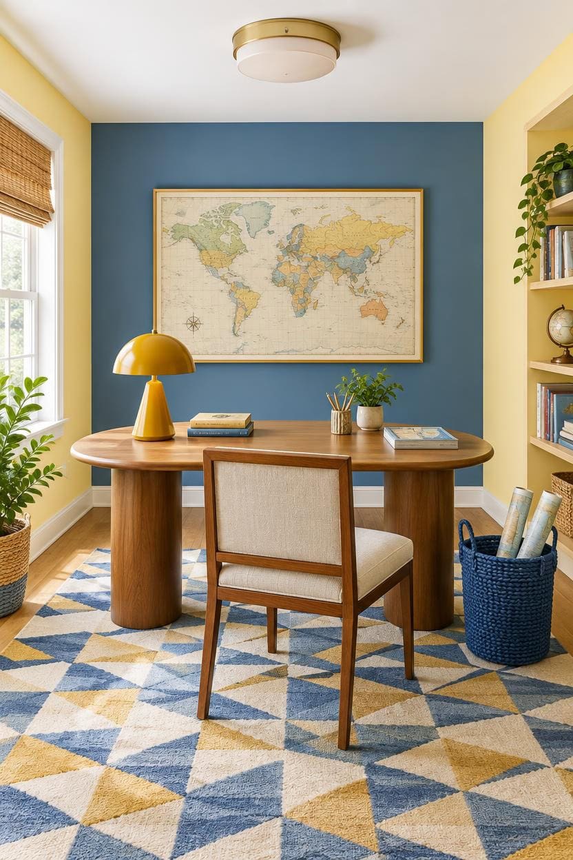 Bright home office with wooden desk, world map, and colorful geometric rug.