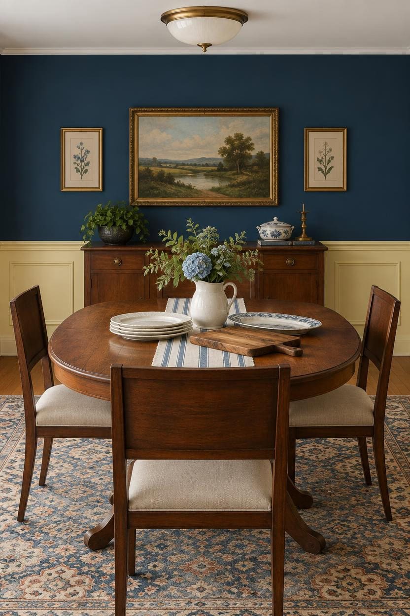 Dining room with round wooden table, floral centerpiece, and landscape painting.
