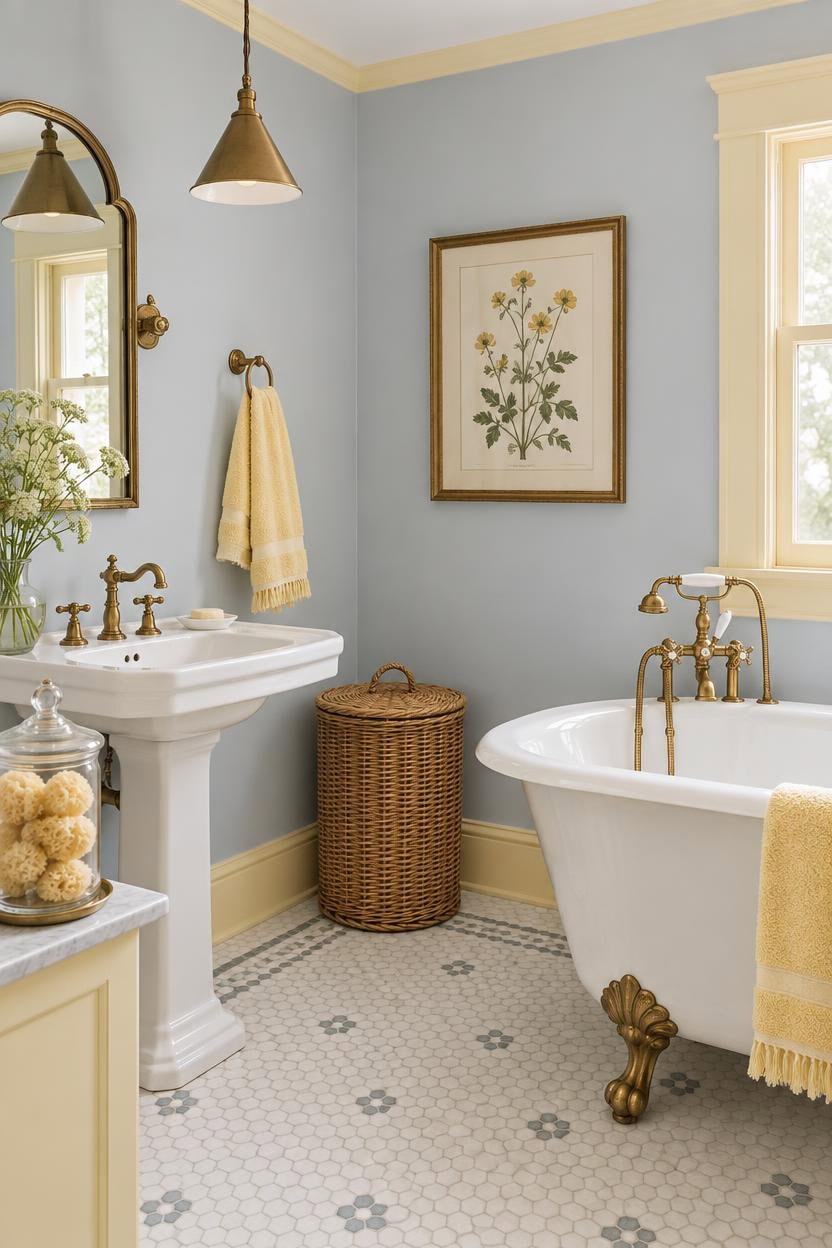 Elegant vintage bathroom with clawfoot tub, pedestal sink, and floral decor.