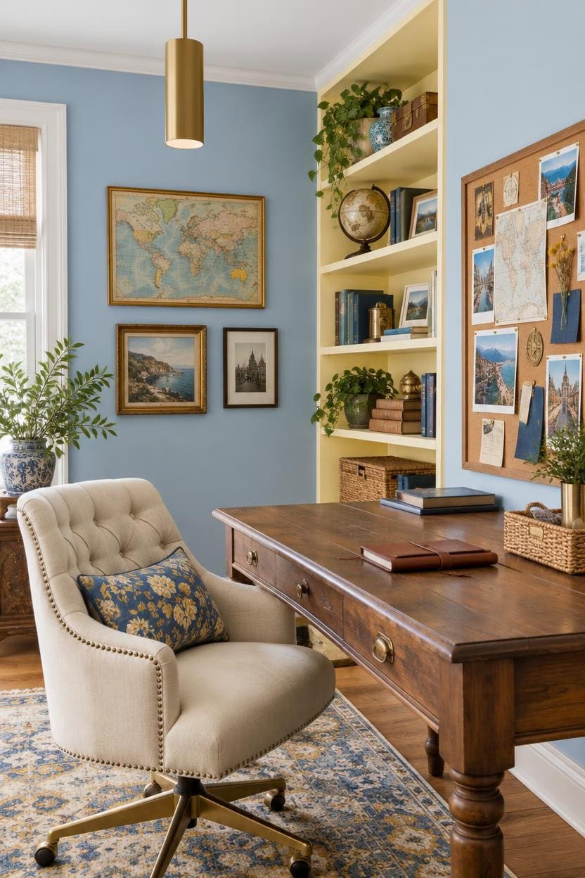 Comfortable home office with blue walls, wooden desk, and bookshelves filled with decor and books.