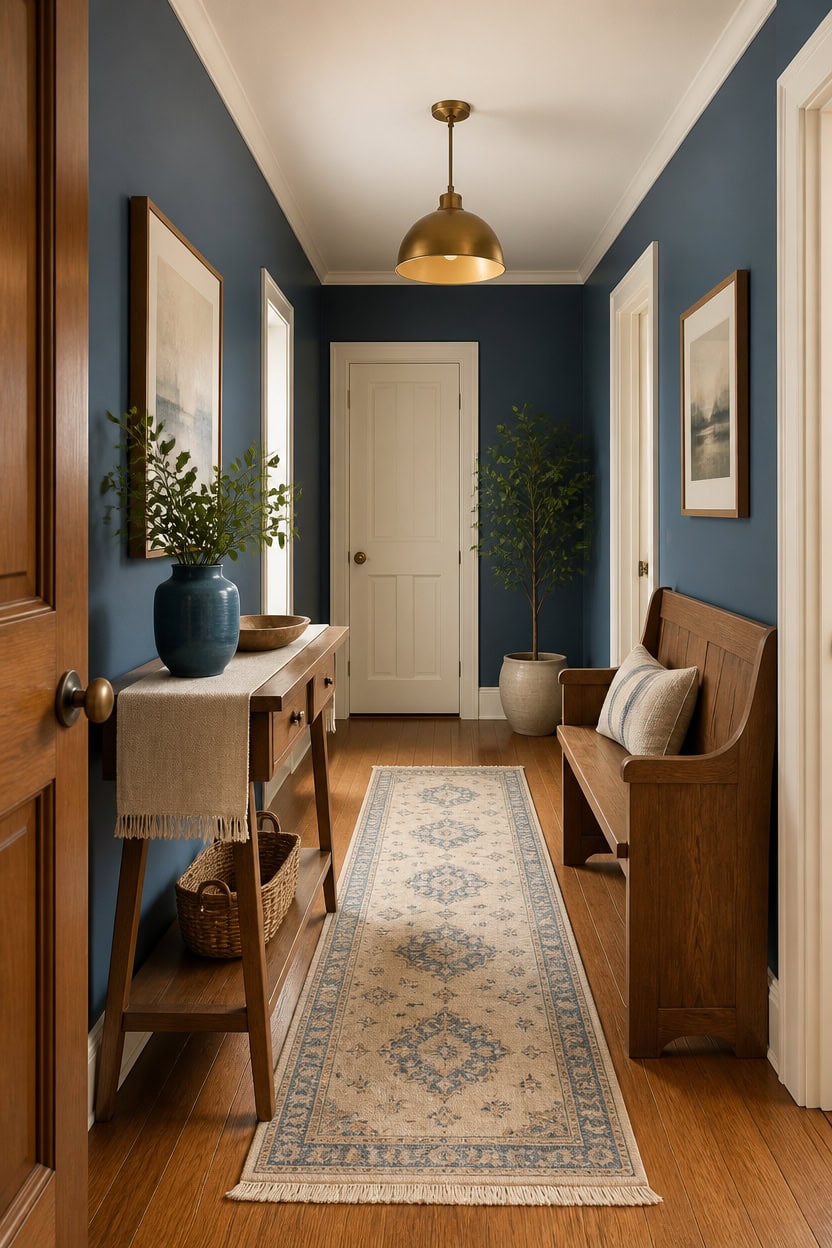 Cozy hallway with blue walls, wooden furniture, and artwork.