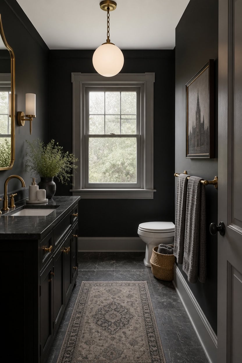 Stylish bathroom featuring dark walls, a large window, and modern fixtures.