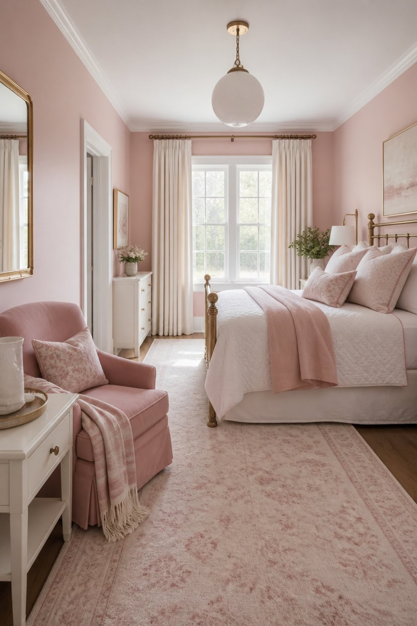 Cozy bedroom with pink walls, white bedding, and elegant decor.