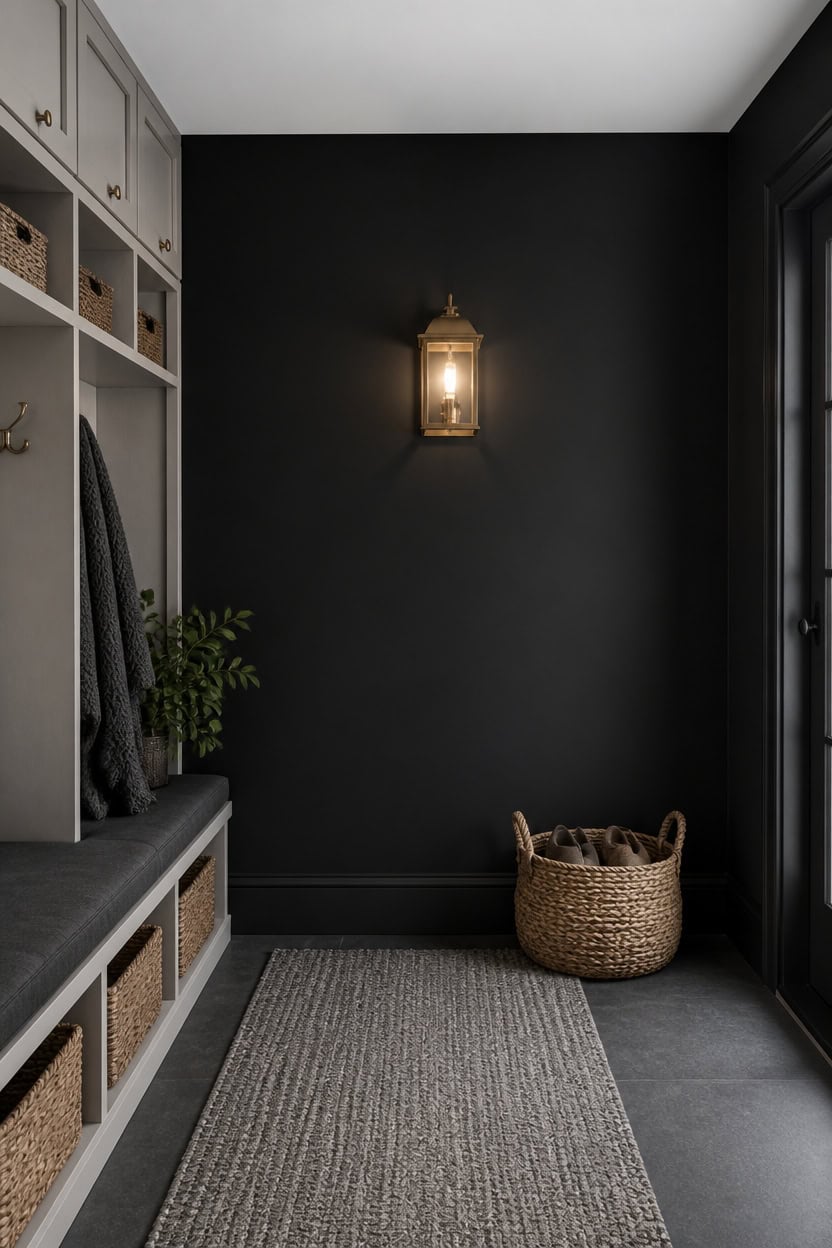 Stylish entryway with black wall, wall-mounted light, and storage bench.