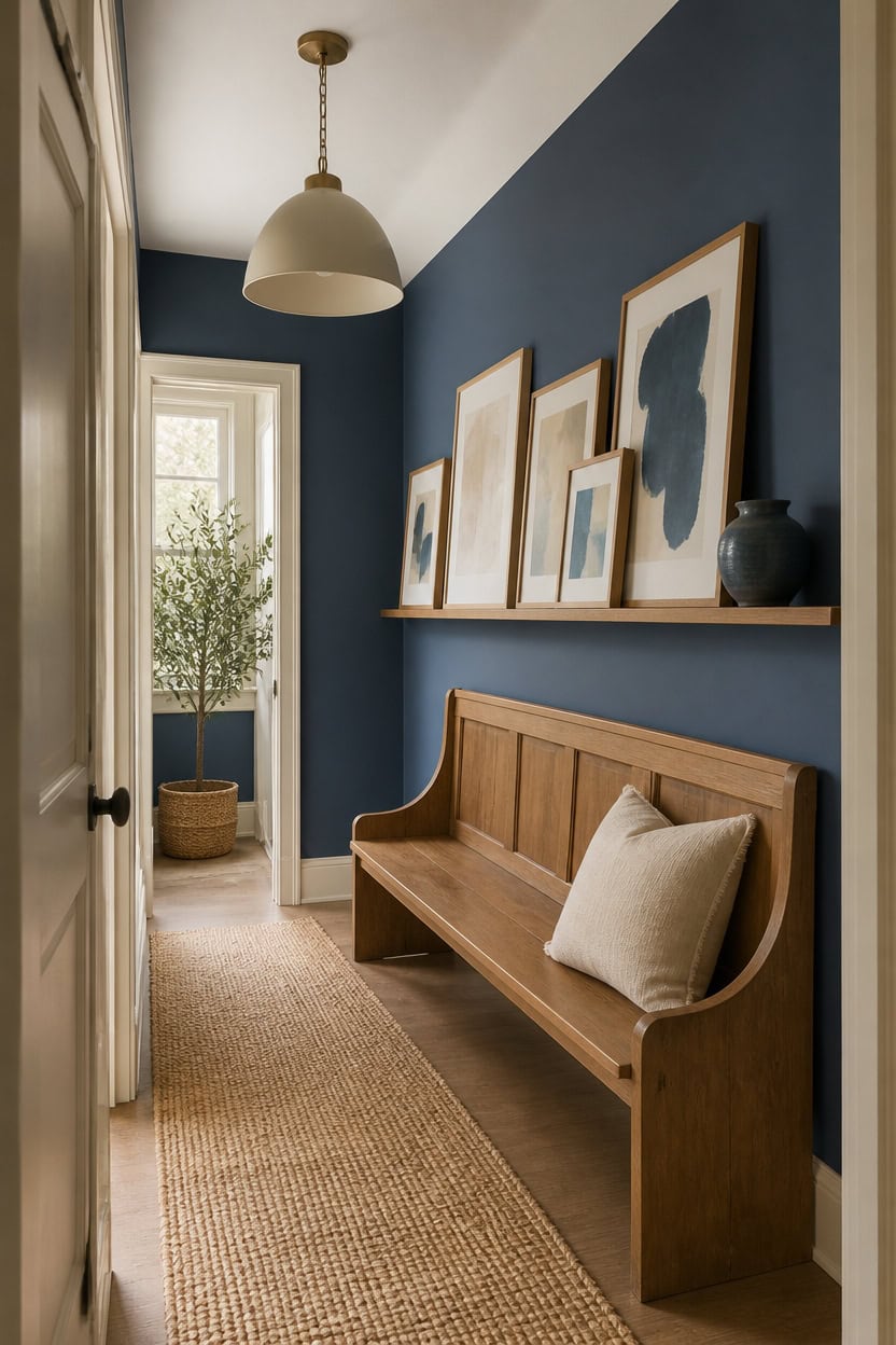 Cozy entryway with wooden bench, blue wall, and framed art.