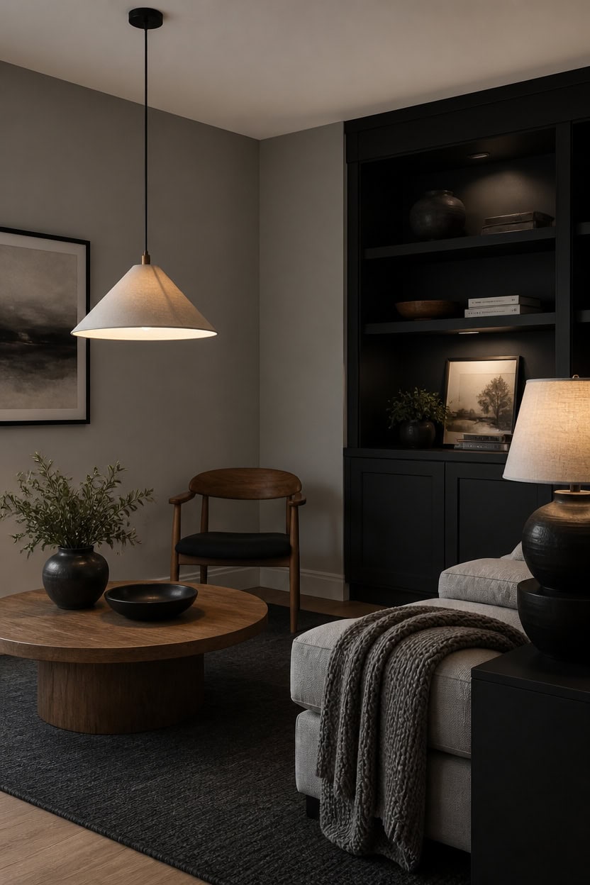 Cozy living room with black built-in shelves, gray walls, and warm lighting.