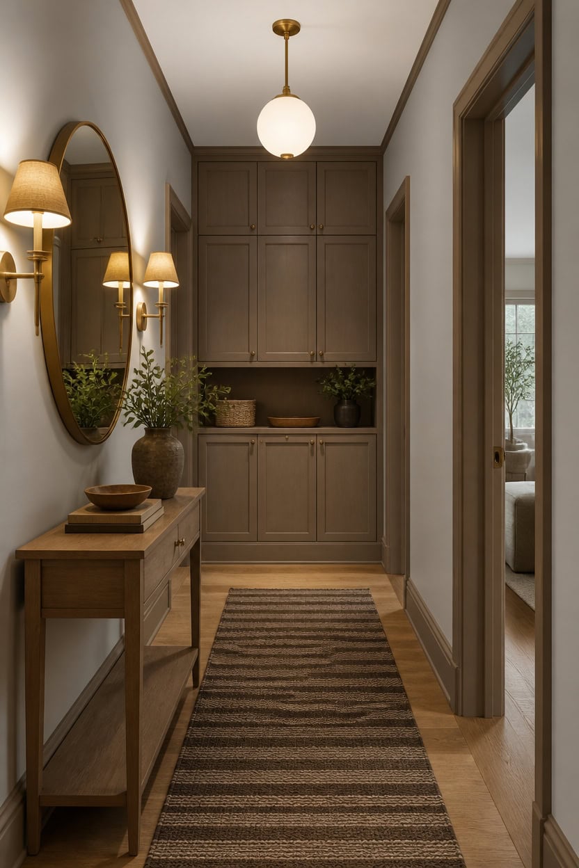 warm gray and brown entryway lighting