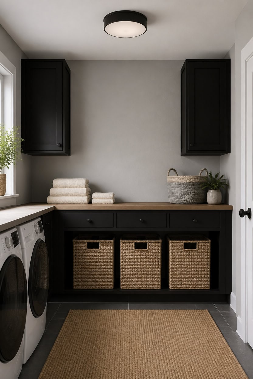 Contemporary laundry room with black cabinets, wicker baskets, and a washer and dryer.