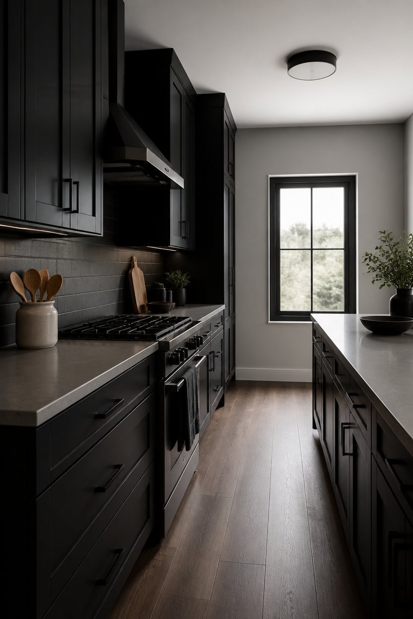 warm gray counters grounded black cabinetry