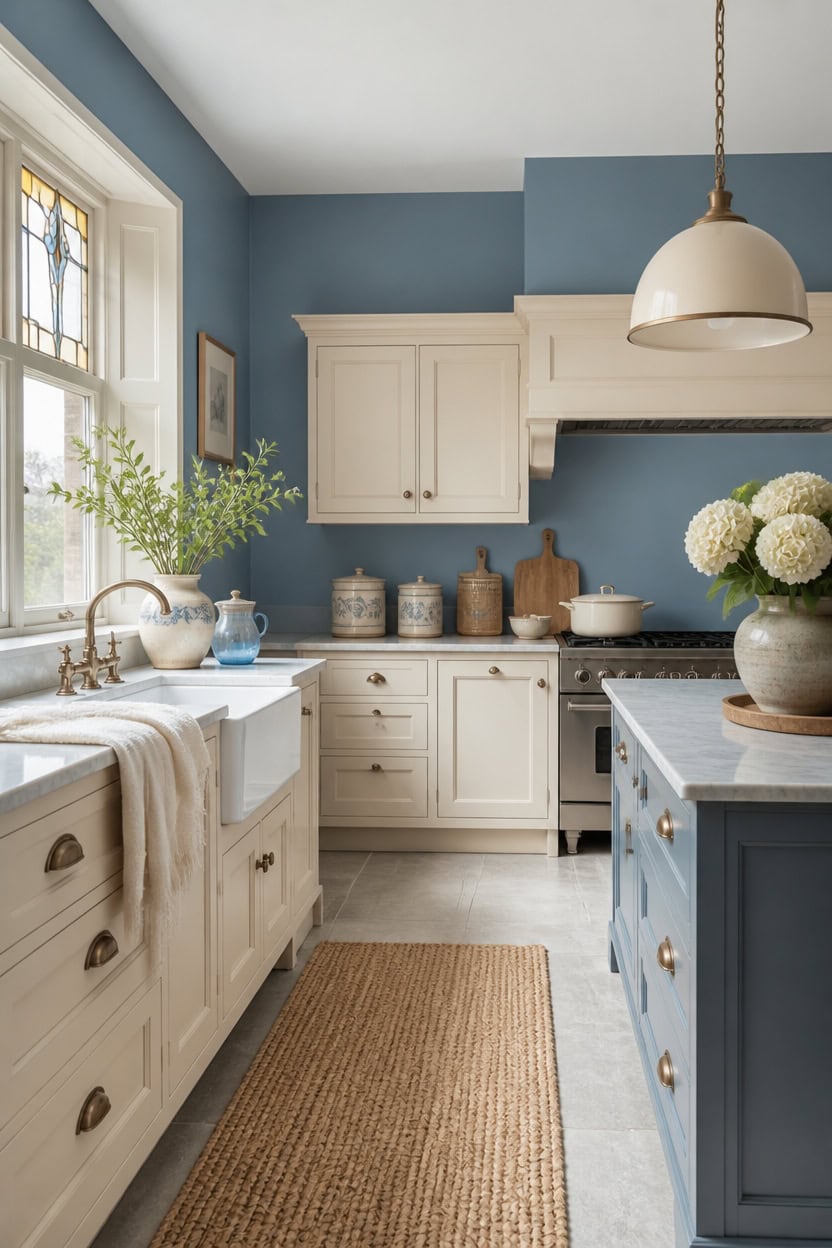 Bright kitchen with blue walls, white cabinets, and natural light from window.