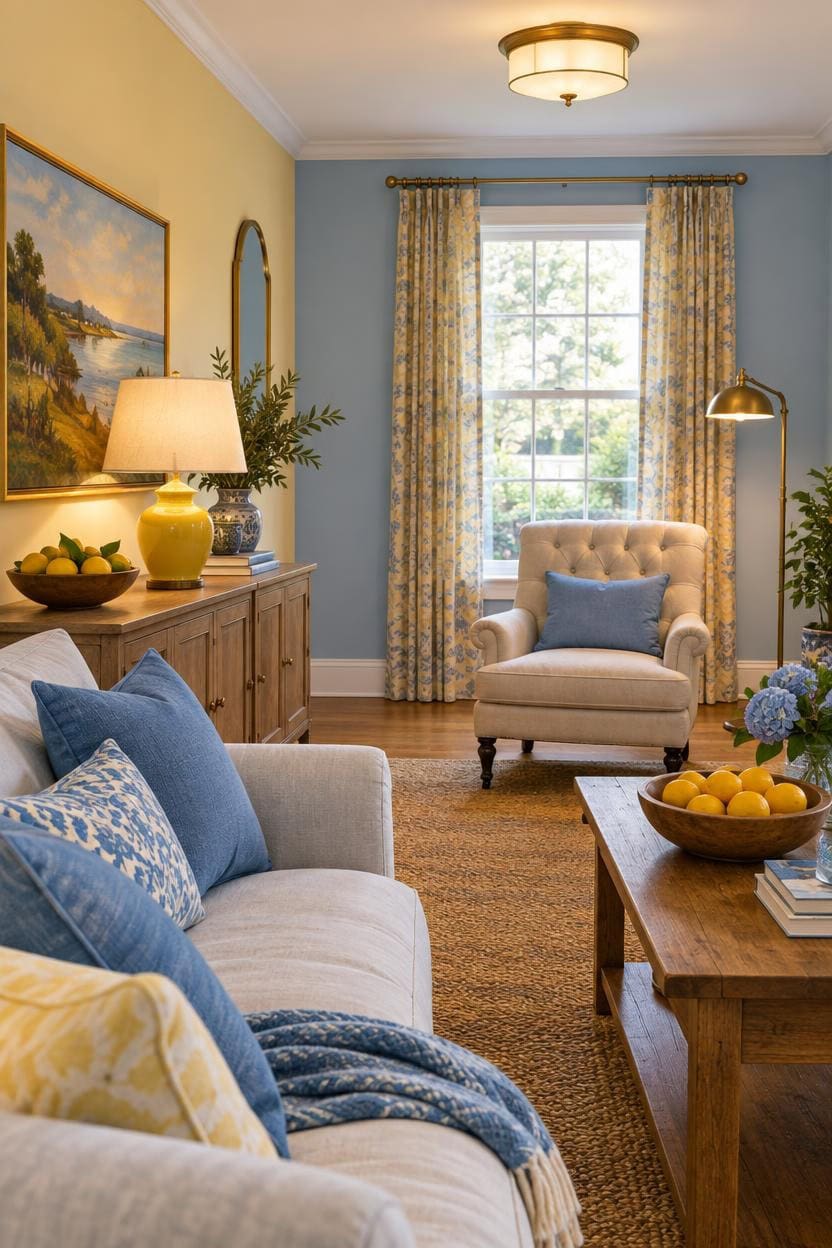 Bright living room with blue and yellow accents, large window, and comfortable seating.