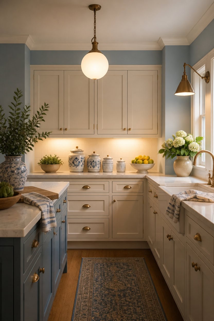 Cozy kitchen with blue cabinets, white countertops, and decorative jars.